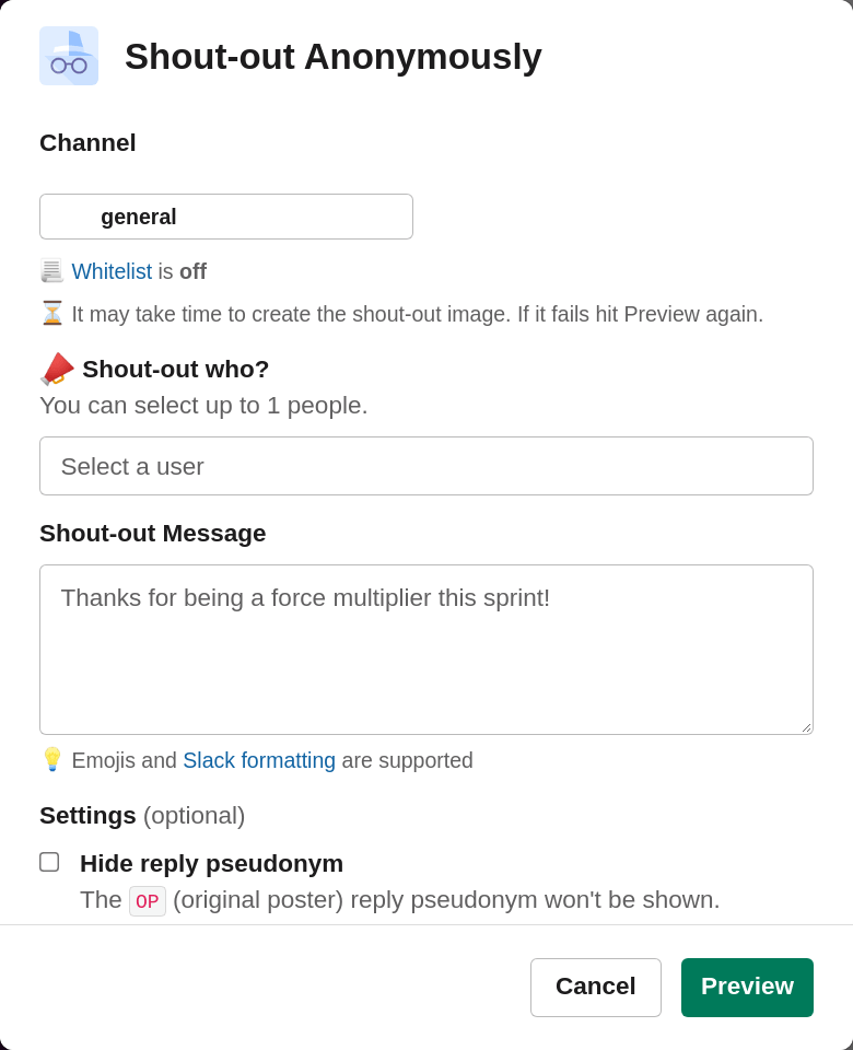 Anonymous Shout-out Dialog