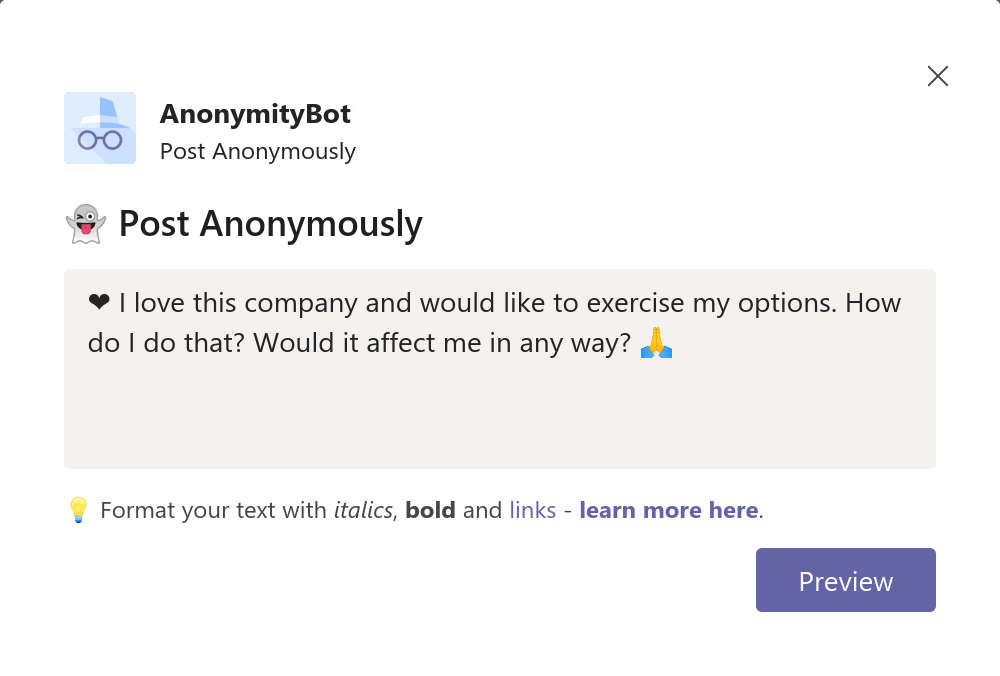 Anonymous Bot Message Input in Microsoft Teams