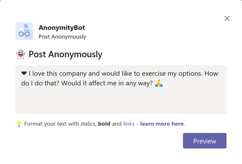 Anonymous Bot Message Input in Microsoft Teams