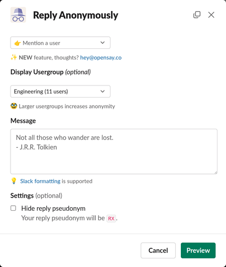Reply Anonymously Dialog in Slack