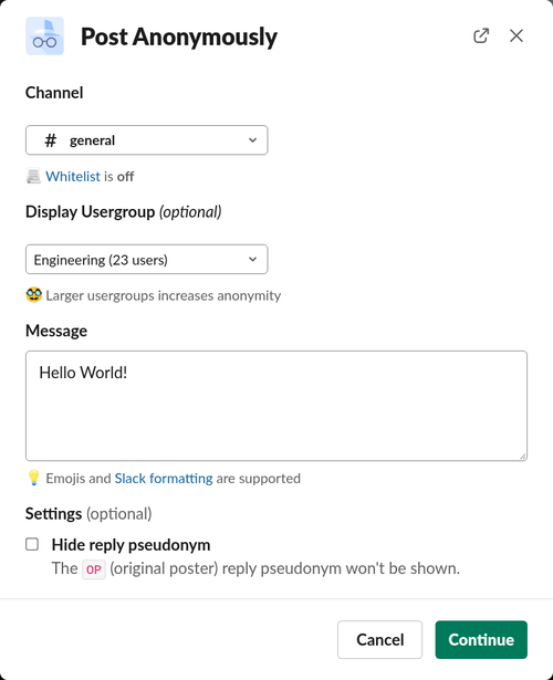 Anonymous Message Creation with Slack Usergroup Selection